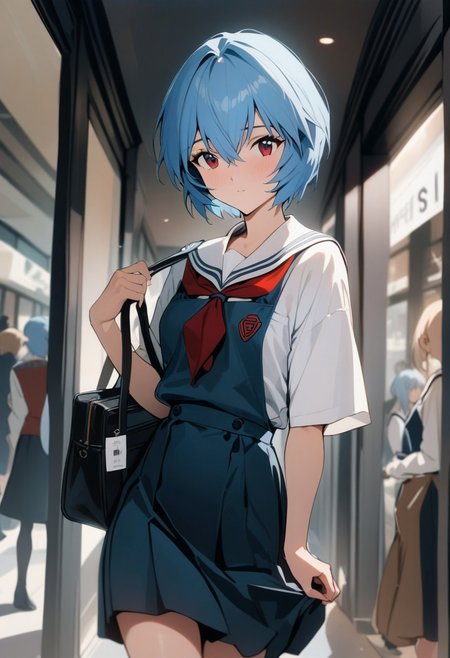 masterpiece, best quality, very aesthetic, absurdres, detailed, Ayanami_Rei, soft blue hair, evangelion, sailor school uniform, skirt knees length, white shirt, soft blue apron, school handbag, happy shopping, women's clothing store,