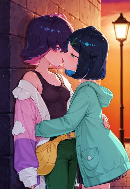 masterpiece, best quality, amazing quality, very aesthetic, absurdres, newest,, 2girl ,Liko_(Pokemon), black_hair, green_eyes, medium_hair, small_breasts, hairclip, blue_jacket, white_shirt, black_skirt, yellow_bag 

BREAK, BREAK, BREAK, BREAK, BREAK, BREAK, BREAK, BREAK, BREAK, BREAK, BREAK, BREAK, BREAK, BREAK, BREAK, BREAK, BREAK, BREAK, BREAK, BREAK, BREAK

aaDotPKMN, 1girl, purple eyes, purple hair, pink hair, multicolored hair, two-tone hair,  short hair, hair over eyes, bangs, black shirt, long sleeves, jacket, open clothes, green pants,
 yuri, outside playing, having fun, hug, love, detailed face, detailed eyes, sunny day, kiss, Detailed background, cinematic lighting, 4K