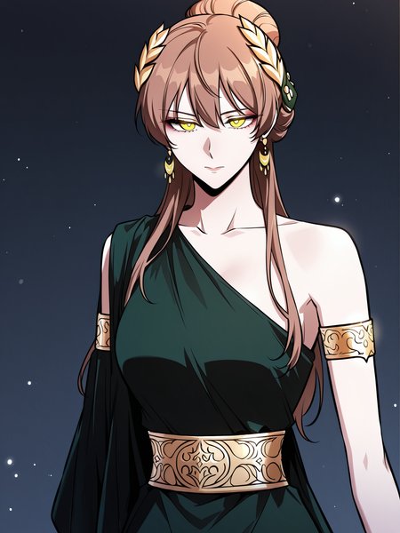 <lora:Omniscient_Readers_Viewpoint__Persephone:1>
1girl, solo, brown hair, long hair, braid, hair bun, hair ornament, yellow eyes, golden laurel crown, 
green dress, one shoulder dress, long dress, gold waistband, golden armlet, moon earrings, asymmetric dress, slit dress, greek style dress, bare shoulders, sandals,
score_9, score_8_up, score_7_up, score_6_up, source_anime, rating_explicit, masterpiece, best quality, intricate details, gothic fantasy, upper body portrait, dramatic pose, confident gaze, cinematic lighting, clean background, glowing magical particles, detailed face, vibrant colors