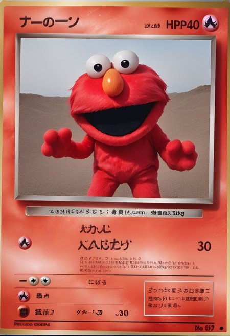 (fire), detailed, pkmn, score_9, score_8_up, score_7_up, photo, absurdres, textbox, pkmkard, Elmo, red fur, muppet eyes, orange nose, smile, open mouth