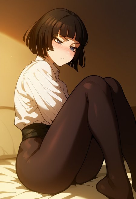 score_9_up, score_8_up, score_7_up, Anime_source,score_9, score_8_up, score_7_up, rating_explicit, uncensored ,
1girl, focus, , 
Kivye, black eyes, black hair, short hair, blunt bangs, short hair,
normal uniform,  black pantyhose not transparent ,white shirt,black pantyhose, Battle clothes, 
 extremely sexy legs,  blush, nose , sexy body,,