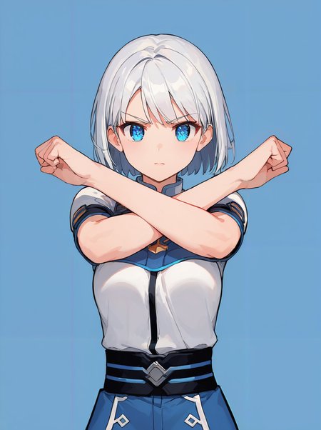 score_9, score_8_up, score_7_up,source_anime, high res image,masterpiece,best quality,(woman,middel bdeasts:1.0),cute face,clear skin,shiny hair,ultra detailed eyes,simple background,blue eyes, <lora:defence pose_pony_V1.0:0.8> defense pose,fighting pose,crossed arms,arms up,hold hands,