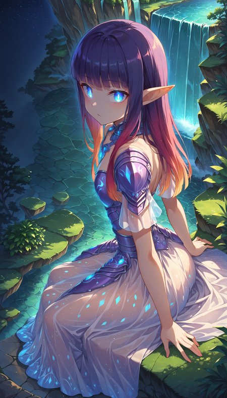 score 9, 1girl, girl knight, beautiful detailed eyes, glowing eyes, blunt bangs, gradient hair, pointy ears, [pearl:opal:0.5] armor, armored dress, 
waterfall, scenery, outdoors, wariza, sitting, from above, looking at viewer,
detailed Illustration, official artwork, wallpaper, official art, night, dappled moonlight,
<lora:bioluminescent_dress-PD-1.0-full:0.4> bioluminescent dress,
<lora:detailed_backgrounds_v2:0.4>
<lora:IOS_Iridescent_opal_style:0.4>
<lora:absurdres_quality:0.4> masterpeice, best quality, very aesthetic, absurdres
