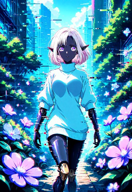 masterpiece, glitch, absurdres, anime style, ghibli, fairytale, 1girl, Elysia, dark elf, obsidian skin, short white hair, flickering bright violet eyes, robotic prosthetic arms, robotic prosthetic legs, wearing a black and white sweater dress with turtleneck, walking through a garden of crystal flowers in a digital cyberpunk city
