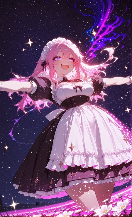 masterpiece, sharp detail, intricate detail, hair shader, 1girl, (j.k. ,rella, konya karasue), <lora:CivChan:0.8> CivChan, purple eyes, pink hair, maid uniform, cleavage, long hair, floating hair,  looking up, outstretched arms, laughing, smile, happy, open mouth, flower field, starry sky,  (holographic colors, light painting clothes), multicolored hair, colored inner hair,(neon palette), bare foot, falling petals,  upper body, from below, dutch angle, dramatic highlights, backlit illumination, ethereal glow, magical atmosphere, swirling energy, light waves, face highlights, sparkling particles, BREAK chiaroscuro, volumetric lighting, dappled light, dramatic shadows, cinematic lighting, detailed background, light and shadow contrast, <lora:aboba_prime_3:0.7>, <lora:Bright_style:0.7> Bright_illu, sparkle,