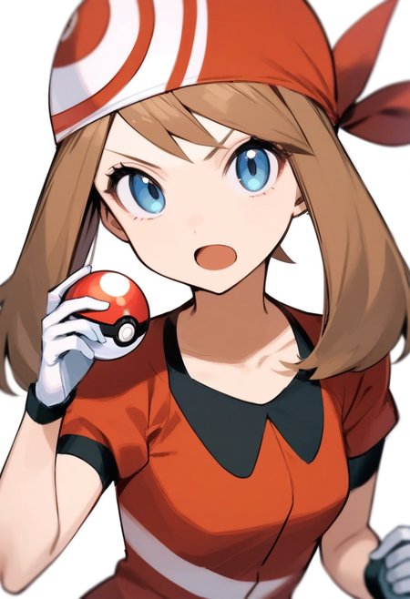 masterpiece,best quality,very aesthetic,absurdres,<lora:may_(pokemon):1>,red_jacket, highres, small_breasts, red_bandana, simple_background, 1girl, solo, may_\(pokemon\), white_gloves, upper_body, white_background, holding_poke_ball, looking_at_viewer, short_sleeves, poke_ball_\(basic\), v-shaped_eyebrows, open_mouth