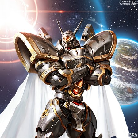 score_9, score_8_up, score_7_up, score_6_up, score_5_up, score_4_up, rating_safe,HDR,epic,dynamic lighting,cinematic shot,raw photo,professional photography,solo,alphamon,mecha,no humans,yellow eyes,crossed arms,space,stars,galaxy, <lora:AlphamonPony:0.95>
