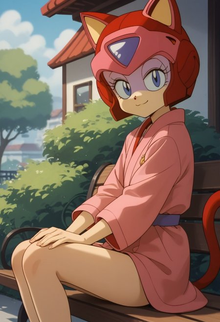 1girl, solo, Pururun, cat girl, two-tone fur, android, petite, score_9, score_8_up, score_7_up, score_6_up, score_5_up, score_4_up, (beautiful summer Park background:1,5), sitting on bench, short legs, red cat tall, looking at viewer, 3/4 side view, slightly smile, hands on knees, pink kimono
