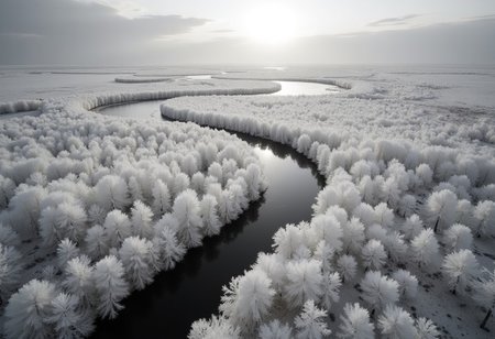 (A Cinematic Photography.:1.2)
An aerial infrared image, black and white, of a winding river cutting through a deserted landscape of white forests and empty plains. The river appears dark against the luminous surroundings, leading the eye toward a distant horizon where a shadowy sun hangs. The extreme framing from above emphasizes isolation and the vastness of nature.