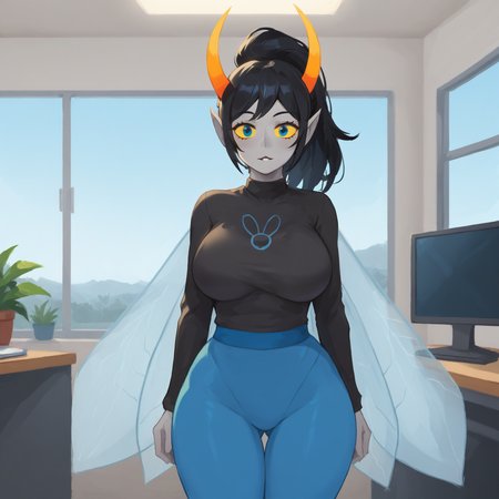 score_9, score_8_up, score_7_up, HD, best quality, masterpiece, 1girl, solo, muscah, black hair, long hair, ponytail, horns, antennae horns, pointy ears, coloured skin, grey skin, coloured sclera, blue eyes, insect wings, large breast, wide hips, black sweater, symbol on sweater, fly \(symbol\), blue pants, tight pants, office, indoors