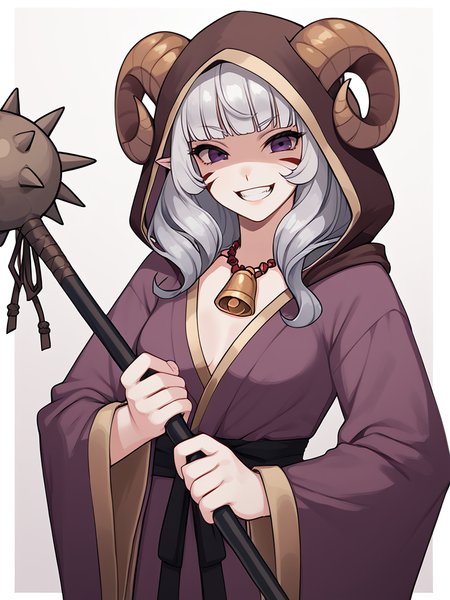 <lora:Spike_mace:0.8> spike_mace, holding weapon, mace, source_furry, score_7_up, rating_safe, cowboy shot, gold necklace, tiefing, short pointed ears,brown horns, (a pair of brown sheep Horns that begin at her temples and curve back: 1.5), bangs,long silver hair long wavy hair, pale skin,<lora:whisker_markings:0.8> red whisker_markings:1.4 , pointy ears, purple eyes:1.2, <lora:age_slider_v4:0.6>   medium breasts, skinny female, close up, silver hair, <lora:Tieflingnew weird fantasyDND:0.3> Tiefling, pointed ears, horns,  evil grin, shaded face, <lora:Smooth Style 2 SDXL_LoRA_Pony Diffusion V6 XL:0.3>  bell, robe, hood off, <lora:Nanoless_Artist_Style_PonyXL:0.5>