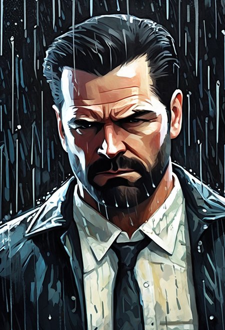 detailxl, high quality, artistic-strokes-style,
(dark artistic blank background:1.3)
(half body shot, looking at viewer, angry, dark:1.4),
(digital-painting, Portrait of Max Payne, rain:1.8),
(detective cop in jacket in new york street)