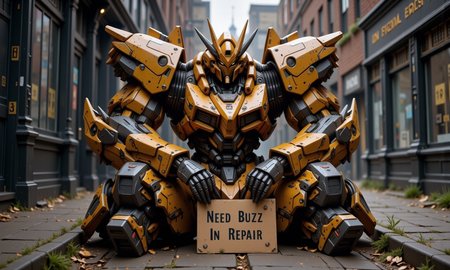 hyperrealistic art of a rusty mech the size of average human sitting on a city sidewalk, ((the mech holding a sign that said need buzz for repair)), the mech heavily damaged and missing one of its arm. full-body shot.fluxmecha, aidmaHyperrealism, mythp0rt. extremely high-resolution details, photographic, realism pushed to extreme, fine texture, incredibly lifelike, Cinematic photography, movie mood, cinematic light, compelling composition, storytelling elements, conveys emotion, mood, and narrative depth, creating visually striking images that feel like still frames from a film, A mood of dystopian desolation where the world is a bleak and desolate landscape, and a sense of despair and isolation hangs in the air.
