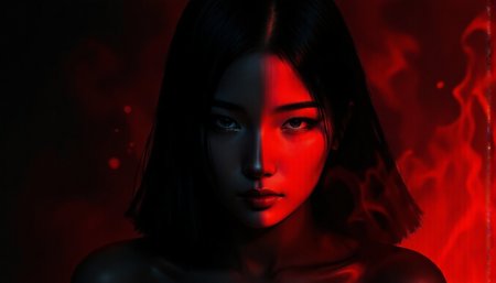 Generate an image of a young asian woman's face half veiled in shadow, half illuminated by a fiery red glow, symbolizing the internal struggle between light and darkness, love and evil, within the human soul. super dark and gory