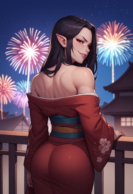 score_9,score_8_up,score_7_up, source_anime, 1girl, solo, <lora:asekr-ponyxl-beta4-10:1> AseKR, pointy ears, long hair, black hair, red eyes, from behind, smug, smirk, looking at viewer, looking back, off-shoulder kimono, sweat, shiny skin, undressing, fireworks, blurry background, railing, at night, parted lips, nape,