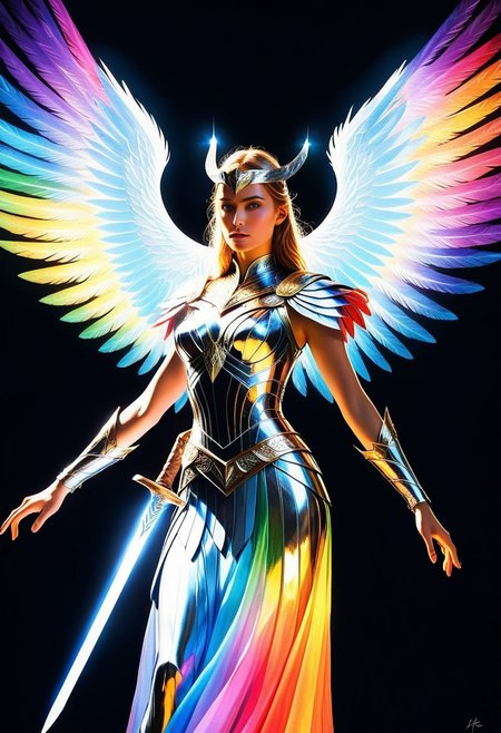 score_9, score_8_up, score_7_up, source_anime, BREAK, 1girl
ethereal fantasy concept art of  psychedelic style close up portrait of A  beautiful Asgardian warrior woman poses dynamically with glowing, ethereal wings arching from her back. The wings are large and feathered, radiating a mesmerizing glow that shifts from vibrant rainbow prismatic colours , as if woven from pure energy. Each feather appears semi-transparent, catching and reflecting light with a crystalline effect, casting a magical aura. Her wings pulse gently with a mystical light, accentuating her fierce, otherworldly presence. Dressed in ornate, silver Asgardian armor with intricate engravings, she holds a mighty prismatic sword pointing her sword at the viewer, while her other hand rests confidently on her hip,  background of  a dramatic fantasy godlen city under a stormy sky, illuminated by flashes of lightning. The overall scene is majestic, with an aura of ancient power and celestial beauty
, low-key lighting, atmospheric haze, underexposed, cinematic darkness, deep shadows ., <lora:artisketchyfs-v02:0.7> <lora:FluxMythV2:0.7> . shallow depth of field, vignette, highly detailed, high budget, bokeh, cinemascope, moody, epic, gorgeous, film grain, grainy . dark, mysterious, haunting, dramatic, ornate, detailed . vibrant colors, swirling patterns, abstract forms, surreal, trippy . magnificent, celestial, ethereal, painterly, epic, majestic, magical, fantasy art, cover art, dreamy