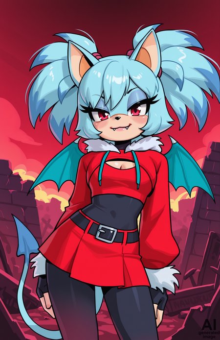 1girl, solo, ruins, hell, cloud, red sky, dark sky, fiery sky, fire, cowboy shot,
<lora:Nullantwins:0.8> zhuu, red eyes, blue hair,demon tail, blue tail, demon wings, blue wings, twintails, big hair, sonic \(series\), furry, (bat ears), bat girl, blue fur,
red hoodie, cropped hoodie, long sleeves, black bodysuit, fur-trimmed hoodie, blue fur, black gloves, fingerless gloves, cleavage cutout, red skirt, midriff, black belt, belt buckle, blue drawstring,
contrapposto, light smile, blush, looking at viewer, smug, :3, fangs out,
 <lora:knuxze:1> knuxze, extremely detailed, highres, masterpiece, best quality