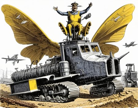 a creature with the body of a van and the wings of airplane and the head of a steamroller and the treads of a bulldozer,art by llbreton, <lora:LLbretonXL-000004:1>
