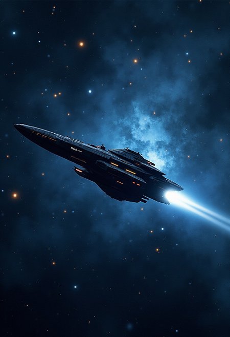 d4rkc0mic,, a sleek spaceship traversing interstellar space, detailed night sky with stars and nebulas