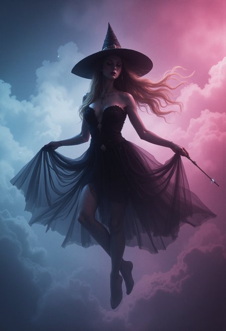 A woman floating in the air, wearing a black, wide-brimmed witch hat. Her hair is long and wavy, colored light brown with soft highlights, flowing gently as she floats. She wears a black dress with a sheer, ethereal tulle skirt, slightly blurred in motion. Her legs are bent, feet pointing downward, and she holds a wand in her right hand, which is barely visible due to the soft shadows. The scene is lit by a bi-color lighting scheme, with soft blue light on the left and warm magenta light on the right, creating a mystical and dreamy atmosphere. The background is filled with a gradient of smoky clouds, blending from pink to blue, adding depth to the image.   <lora:dark_fantasy_flux:0.83> <lora:FredFraiStyle-FLUX-Share:0.63> <lora:sxz-Dark-Fantasy-v2-Flux:0.33> drkfnts style,