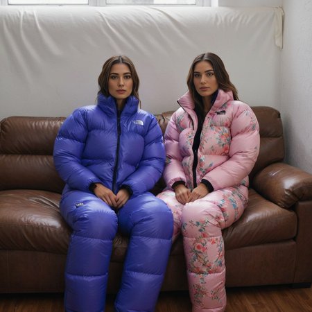 (full body shot) cute two spanish tall women wearing Vintage floral prints  tnf_nuptse jacket and thick puffy double layered tnf_nuptse parkasite downsuit glosssuit, hyperdetailed photography,4k textures,intricate details,4k resolution   <lora:pufferdown_tnf_nuptse:0.5>, sitting on a couch, in a dark room, cinematic still <lora:Parkasite_XL-000010:0.6>