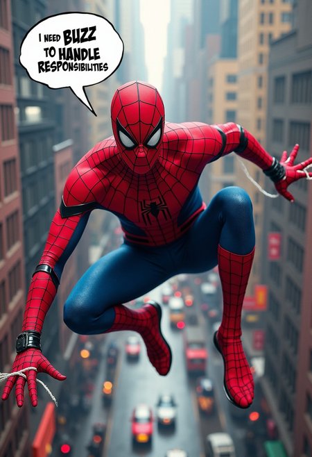 A man in a Spider-Man costume swings high above the bustling New York City skyline, using his web to navigate between skyscrapers. His expression shows determination, while a comic-style thought bubble above him reads, 'I need BUZZ to handle responsibilities.' The cityscape below is vibrant, filled with iconic buildings and lively streets, creating a sense of height and adventure. The image captures the feeling of speed, with motion blur on his web and suit details, adding energy to his flight across the city.
