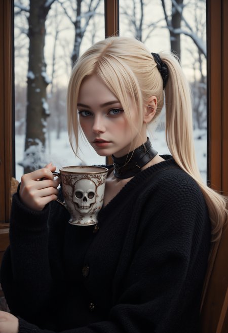 portrait of a beautiful 20-years-old european goth women with long, straight blonde hair with a ponytail, large round blue grey eyes, glossy lips, pale skin.
She seats on a rocking chair, a large frameless window on her side.
She wears a long strapless very loose-knit thick black wool tight sweater with a deep v-line, short thick wool socks, a black leather chocker.
The background is an old hunters cabin, the girl holds a steaming hot large cup of cocoa by the handle, close to her mouth as she's about to drink. the cup is decorated with skulls drawings
Outside the window a beautiful snwoy scene on a sunny day
dreamwave, aidmaMJ6.1