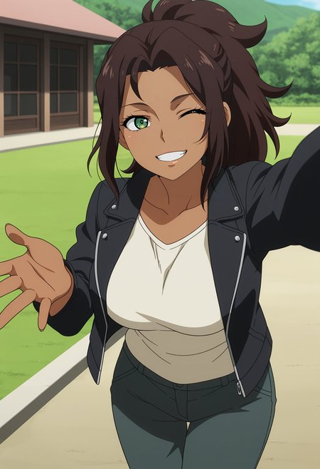 1girl,solo,mm,mature female,dark-skinned female,brown hair,long hair,ponytail,green eyes,anime coloring,
jacket,shirt,pants,looking at viewer, reaching towards viewer, one eye closed, smile,teeth, outdoors
,masterpiece,best quality,amazing quality,<lora:Amida_Arca-Gundam_Iron-Blooded_Orphans:0.8>