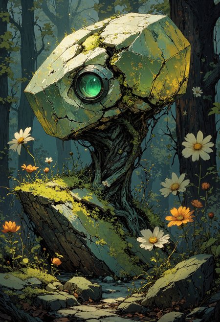 masterpiece, high-quality, hyperdetailed, refined details, best quality, high resolution, A gemstone golem slowly blooming into life, moss and flowers sprouting from cracks in its crystalline body as it awakens, its eyes, initially dull stones, begin to glow with an inner emerald light, dawn light filters through a forest, illuminating the golems nascent awakening, wide shot capturing the golems full form and the blooming flora, Style is  Biomorphic Gemstone Animation, focus on contrasting textures of crystal and organic, gentle and wondrous, sense of slow awakening and natural magic, <lora:FLUX\Anime v1.3:0.5> <lora:FLUX\Emberveil digital painting:0.8> <lora:FLUX\Anime Art V3:0.6>