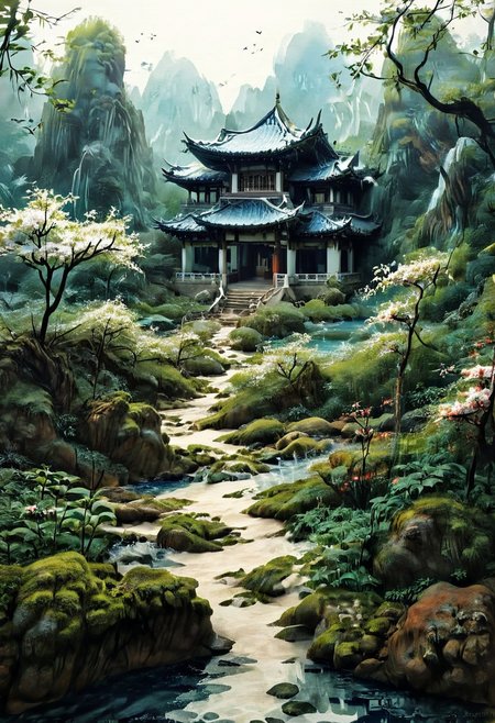 An asian House and Sakura garden made of blue and white porcelain, asian landscape in the background, SimpleNegativeV3,zavy-chnsdrgn, masterpiece, award winning, very detailed, porcellana style