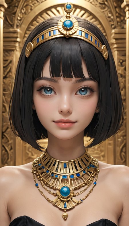 Cowboy Shot, girl, egyptian queen, adult, cute, seductive, innocent, light smile:0.3, plump lips, slender body, intricate design, black hair, bob cut, perfect make-up, intricate jewelry, golden headdress, stands in a grand palace, captured in a walls adorned with hieroglyphics and torches flickering in, depth of field, dynamic angle, fashion photography, sharp, hyperdetailed:1.15, 4n1v3rs3