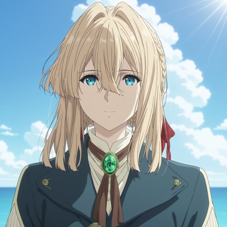highres, hi res, best quality, masterpiece, 2d, intricate details, 4k, anime coloring, countershading,
1girl, solo, female, eyelashes, long hair, bangs, blue eyes, blonde hair, ribbon, hair between eyes, hair ribbon, braid, red ribbon, hair intakes, violet evergarden,
long sleeves, jewelry, jacket, ascot, blue jacket, brooch, 
outdoors, sky, day, cloud, blue sky, ocean, cloudy sky, horizon, 
depth of field, outdoors, in the sky, among the clouds, clouds, sky, blue sky, sun rays, sunlight,
<lora:kyoto_animation_ILXL:1>, kyoto animation,