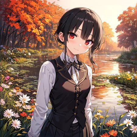 absurdres, brightly colored, masterpiece, oil painting \(medium\), (hachiroku:1.2),  (colorful flowers:1.2), garden, river,  waterweed, autumn, dusk, Slender flowers ,  detailed face, vest, skirt,upper body, standing, looking at viewer, <lora:8620_XL_test:1>