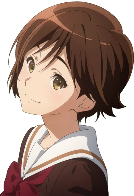 absurdres, high quality, masterpiece, very awa, anime screencap, 8k, absurd res
<lora:Michiyo:1> mmorimoto, brown hair, brown eyes, short hair,  detailed face,  kitauji high school uniform,   brown uniform, red bowtie,
upper body, looking at viewer,smile, (head tilt:1.5), white background,  simple background, from above,