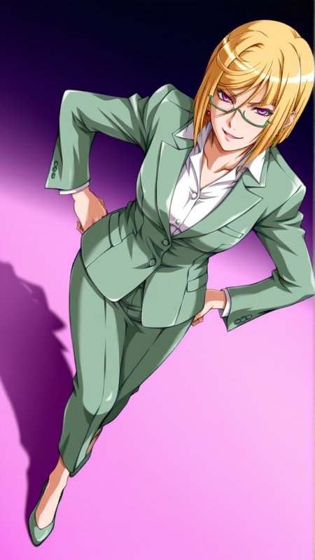 source_anime, general, best quality, masterpiece, 1girl,  <lora:Trya_ill_v1.0:1> trya\(srw\),blonde hair, purple eyes,bob cut,swept bangs, sidelocks,  jewelry, earrings,  green-framed eyewear, semi-rimless eyewear, business suit, seductive smile, (smug:0.8),  dynamic pose, dutch angle, full body,