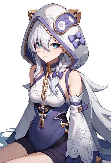 score_9,score_8_up,score_7_up,<lora:theresa_apocalypse_boss:1>,theresa_apocalypse, breasts, solo, long_sleeves, bow, detached_sleeves, cosplay, bare_shoulders, looking_at_viewer, 1girl, sitting, simple_background, animal_hood, white_background, hood_up, white_sleeves