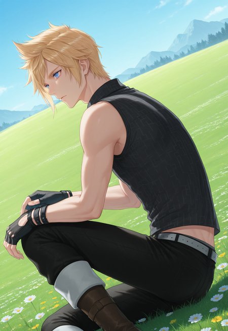 safe_pos, promptoFF, 1boy, solo, male focus, blonde hair, blue eyes, shirt, fingerless gloves, pants, boots, on knees, on grass, flowers, ass peek, midriff peek, from side, sunny