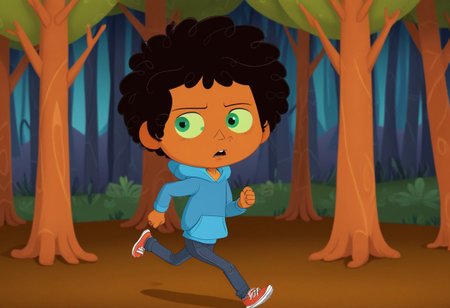 max (camp camp), cartoon theme, max (camp camp), 1boy, solo, human, male focus, curly black hair, curly tousled black hair, afro, dark skin, dark-skinned male,  large eyes, round eyes, green eyes,small nose, triangular nose, pointed nose, anoyed face, running,  blue hood, blue pants, small body, young boy, chibi, dark forest, night