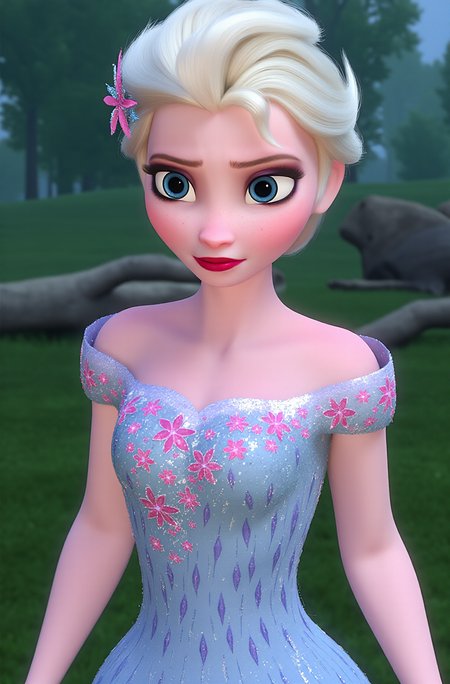 masterpiece,4k studio photo quality, inematic lighting,clear photo,upper body,portrait,outdoor,blushing,ultra detail skin,elsa \(frozen\), elsa's erotic pose, open eyes,shy, Elsa's Floral Dress,view from font, <lora:Elsa-Flux:1>ï¼