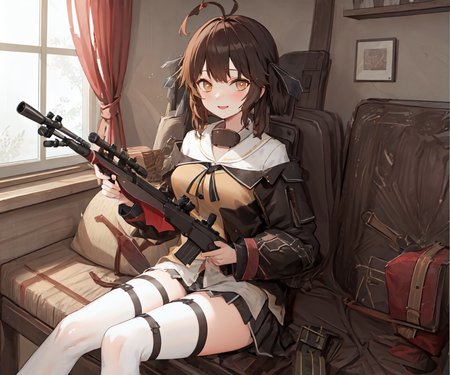 masterpiece, best quality,  <lora:mtf-000004:1>, M14, holding rifle, sitting, aiming at viewer,