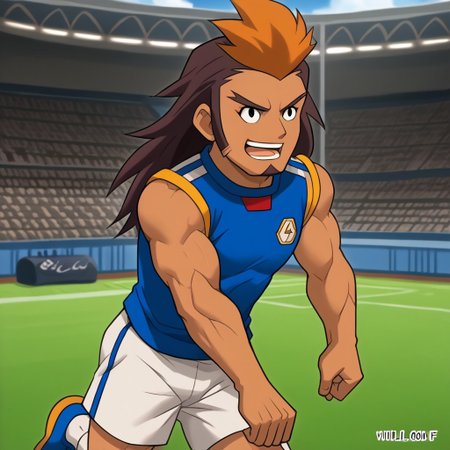 Score_9, cartoon source, toon source, high Quality,  wolfconf,  1boy, solo,  HIJIKATA RAIDEN, Brown hair, black eyes,  young, muscle body, two-tone hair, dark skin, soccer uniform (white shorts, blue sleeveless shirt), muscle arms, goatee, soccer camp,