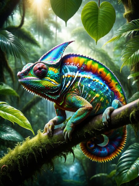 The scales of a chameleon mid-transition, a natural ral-oilspill display against a lush rainforest, hidden, chameleonic wonder <lora:ral-oilspill-sdxl:1> <lora:EnvyBetterHiresFixXL01:0:hr=1>
