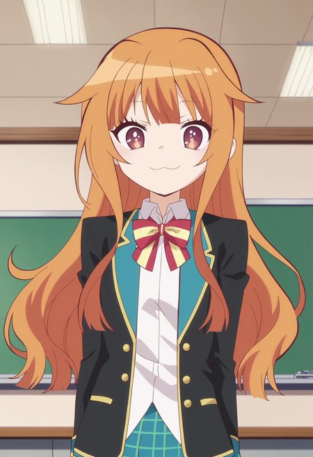 score_9, score_8_up, score_7_up, score_6_up, score_5_up, score_4_up , anime coloring ,BREAK source_anime, anime,screencap,
1girl, solo, gjbu mao, school uniform, plaid skirt, blazer, long hair, <lora:PonyXL GJBU Mao V5:1>
indoors,classroom
smile, looking at viewer, upper body,