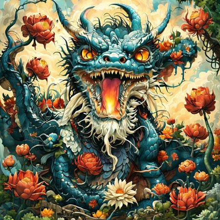 epic  detailed Dragon billy gibbons, agfa vista 200，Tsutomu Nihei，Hieronymus Bosch, cinematic Alexander Fedosavwide image,3d render realistic ancient  flower couple style of Dan Mumford, style of Mattias Adolfsson