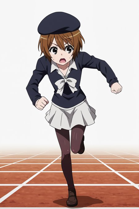 <lora:ANEMEWWW:0.8>, white background, Kinuhata Saiai, solo, skirt, hat, pantyhose, beret, running