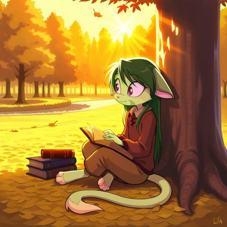 score_9, score_8_up, score_7_up,lilith_calah,
1girl,solo,furry,tail,dark green hair, source_furry, masterpiece, 
 ,<lora:lilith_calah_illustrious:0.8>,
kid, child, 
nature, park, sitting_under_tree, book, relaxed, soft_smile, gentle_breeze, falling_leaves, peaceful, long_hair, sunrays, cozy, warm_lighting, thoughtful_expression, countryside, detailed_background, soft_focus