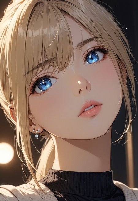 (anime, masterpiece, intricate:1.3), (best quality, hires textures, high detail:1.2), (4k),(incredibly detailed:1.4), perfect anatomy, correct sense of scale, side lighting, feminine body, shiny skin, graceful face, constricted waist, nice body, lips, Sexy mouth, high pointed nose, (nostrils:1.3), neatly drawn nose, 1woman, gorgeous lips, blue eyes, tights,  blonde hair, ponytail, side bangs, medium breasts, ((piercing, two holes at the bottom of the ear, one at the top)) (best illumination, an extremely delicate and beautiful) 8k wallpaper, masterpiece, best quality, ultra-detailed, best shadow, volumetric lighting), (beautiful detailed face, beautiful detailed eyes) ,extreme details eyes, shiny skin, ear piercing, woman
crawling_position_on_bed,cleavage,tanktop,hotpants,hotel,bedroom,beautiful_black_hair,ponytail,beautiful_light_blue_eyes,multicolored_eyes,1_beautiful_girl,beautiful,perfect_quality,perfect_anatomy,masterpiece, moon,night,moonlight,beautiful starry sky