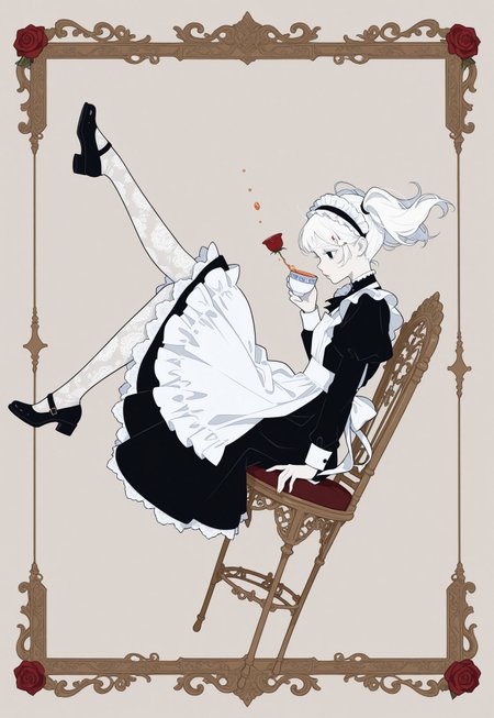 masterpiece, best quality, absurdres, minimalism, flat color, 1girl, solo, maid, maid apron, short black dress, long sleeves, white lace pantyhose, maid headdress, white embroidery, pale skin, red rose ornament on hair, white hair, white eyelashes, white eyebrows, porcelain skin, black eyes, glossy lips, short hair, twintails, cute, falling, midair, from side, drinking a cup of tea, floating ornate chair, floating chinaware, floating fancy paintings