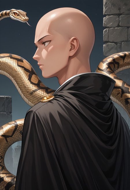 score_9,score_8_up,score_7_up,score_6_up,score_5_up,source_anime, back view,1man, saitama, bald, brown eyes 30yo, standing, looking back , wearing cape from metallic snake skin, bored, snake, snake on shoulders, upper body