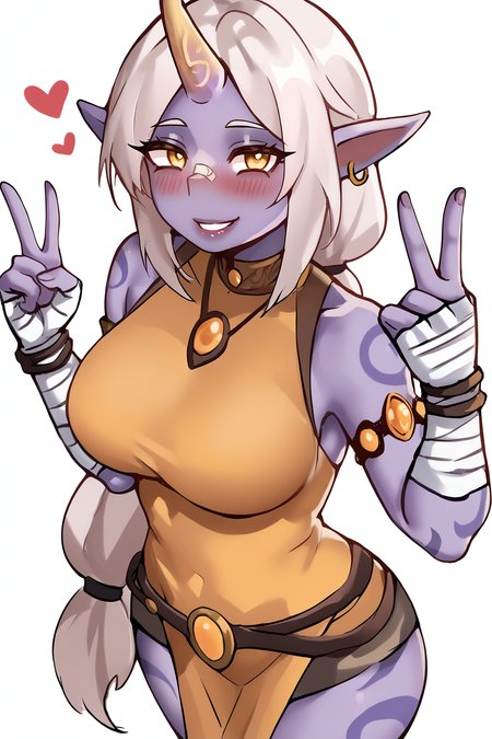 score_9, score_8_up, score_7_up, score_6_up, BREAK, SorakaLoLXLv2, purple skin, colored skin, white hair, long hair, low-tied long hair, sidelocks, yellow eyes, pointy ears, single horn, tattoo, large breasts, bare shoulder, yellow jewel, red cropped torso, yellow dress, armlet, bandaged arms, belt, bandaged legs, solo, standing, above view, peace sign, floating hearts, looking at viewer, seductive smile, naughty face, nose blush, white background, simple background <lora:SorakaLoLXLv2:0.9>, KumoStylePXL <lora:KumoStylePXL:1>
